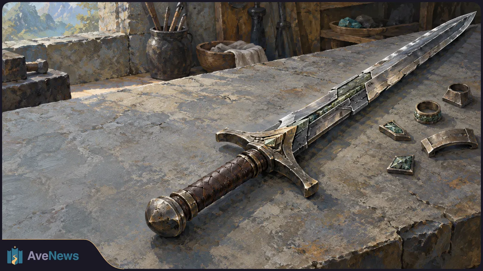 An ornate sword with green inlays lies across a stone workbench beside loose metal fittings and gemstones in a rustic workshop. SI illustration
