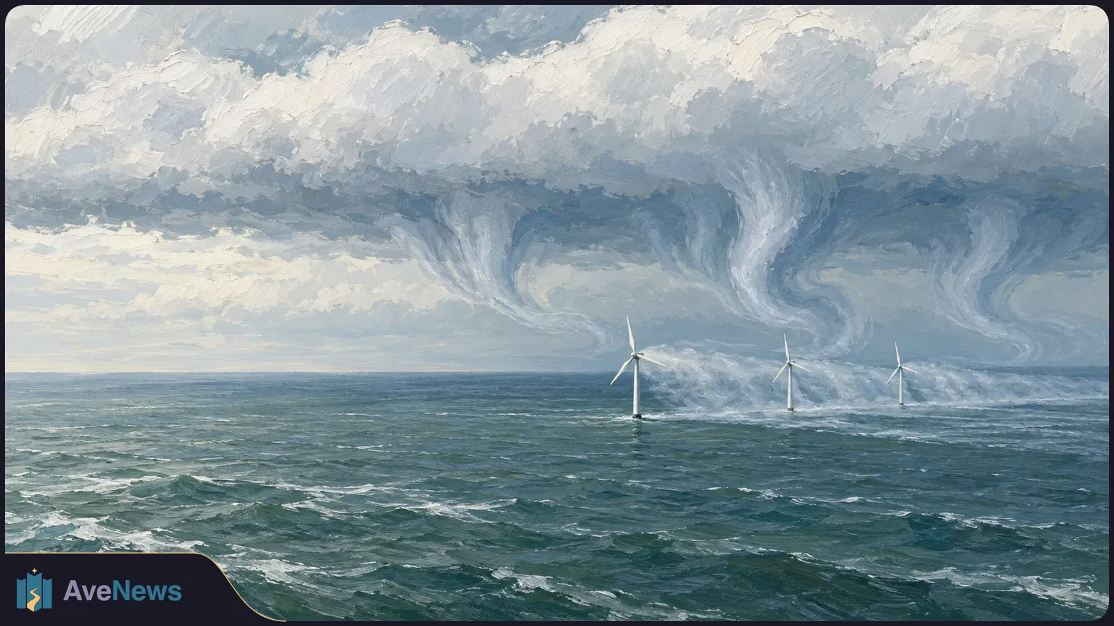 Painted seascape with three offshore wind turbines beneath heavy clouds; pale swirls descend toward the water behind them. SI illustration