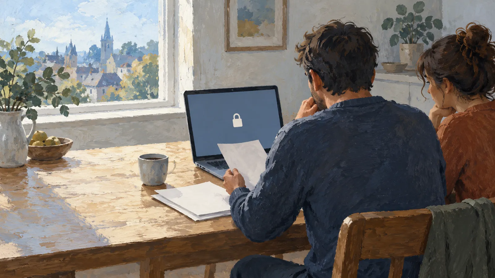 A painted scene of two people at a table with papers and a laptop displaying a closed padlock; a town is visible through the window. SI illustration