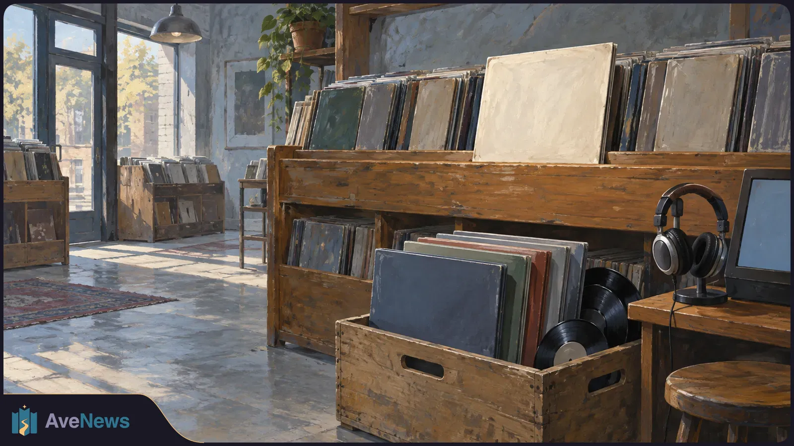 Painted record shop interior with rows of unmarked album sleeves, vinyl records in a wooden crate, headphones and a blank screen. SI illustration