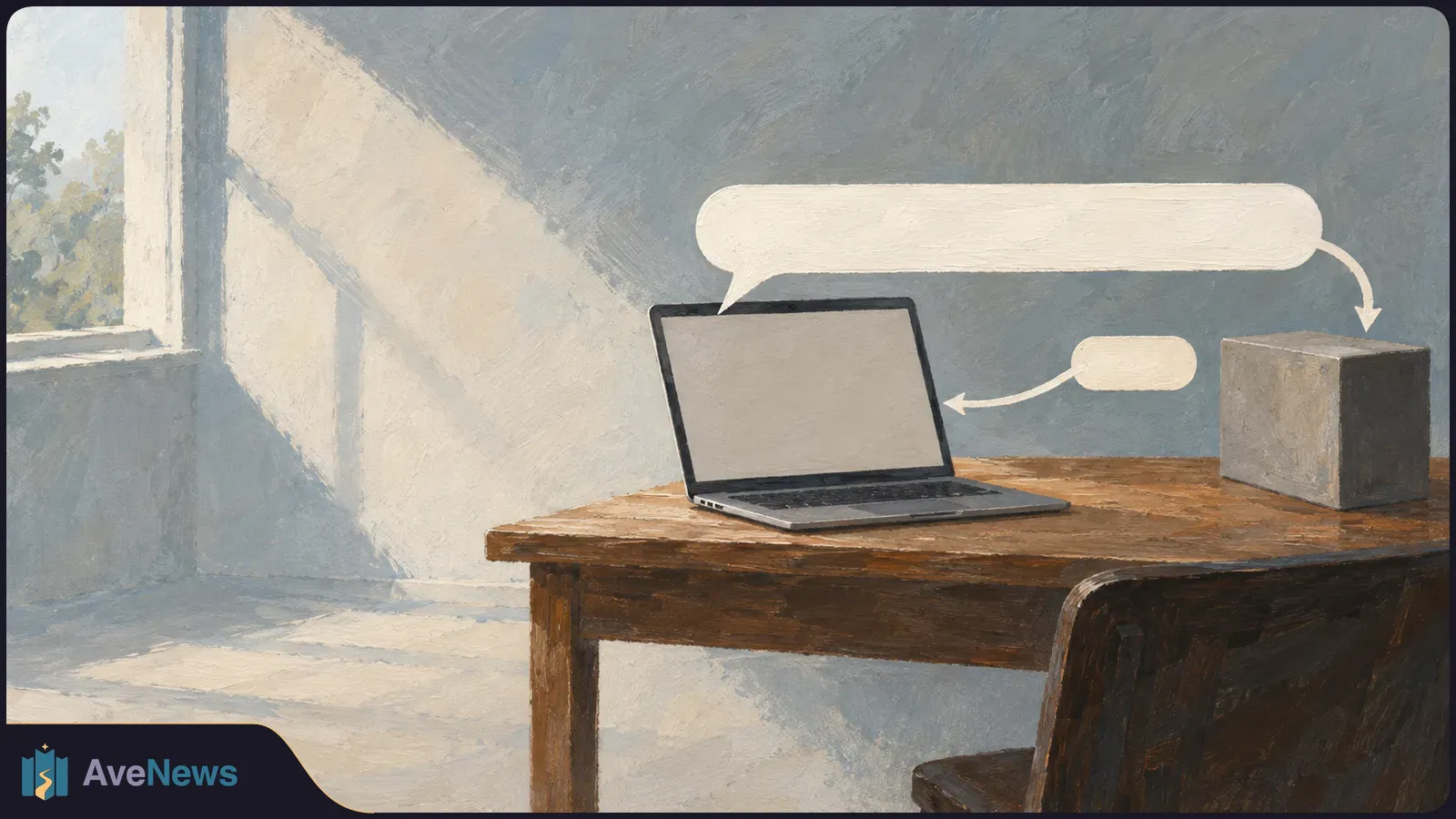 Painted illustration of a laptop and a plain cube on a wooden table. An arrow leads from a long blank speech bubble to the cube; a shorter bubble points back to the laptop. SI illustration