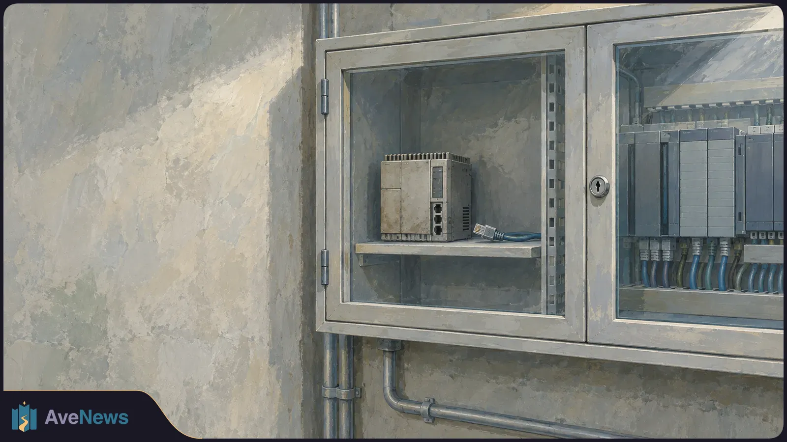 Painterly view of a glass-front control cabinet. A small controller sits beside an unplugged Ethernet cable; wired modules fill the adjoining compartment. SI illustration