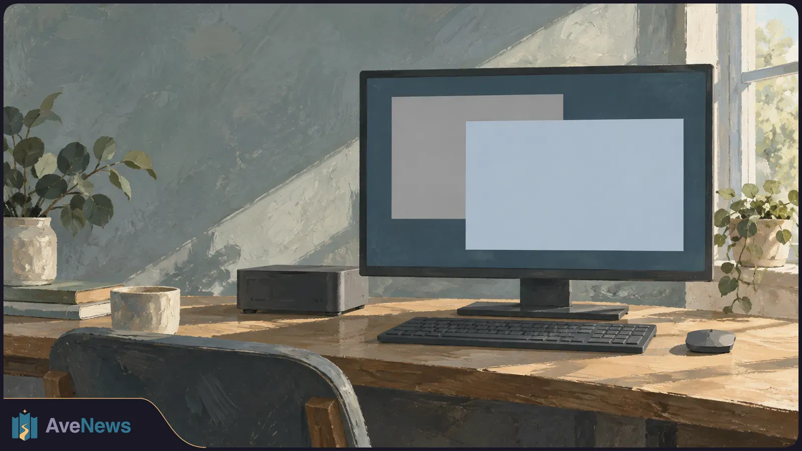 Painted desk by a sunlit window with a monitor showing overlapping blank rectangles, a keyboard, mouse, small computer, mug, and plants. SI illustration