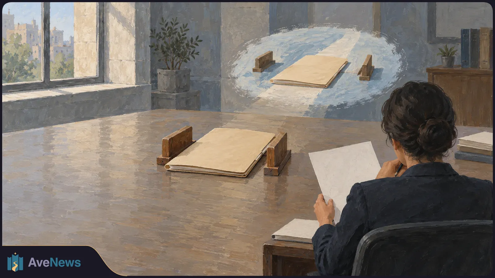 Illustration of a person seen from behind reading a sheet of paper at a large table, with a folder between wooden holders and a second view of the folder above. SI illustration