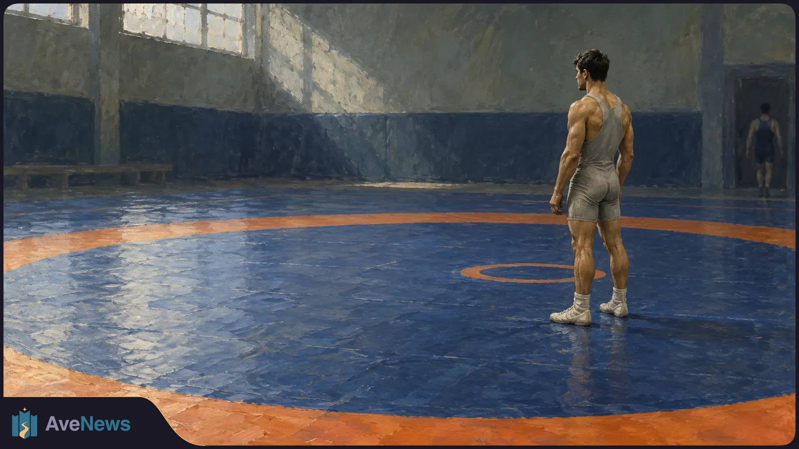A wrestler in a gray singlet stands on a blue and orange mat in a sunlit gym; another figure is near a doorway in the background. SI illustration