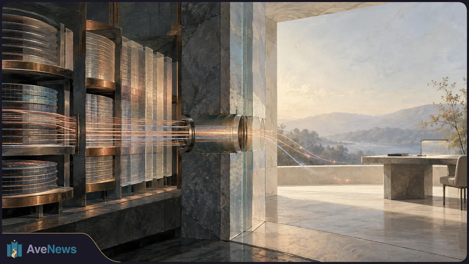 A glass-and-metal machine against a dark stone wall sends glowing strands toward a sunlit terrace, with a stone table and mountains beyond. SI illustration