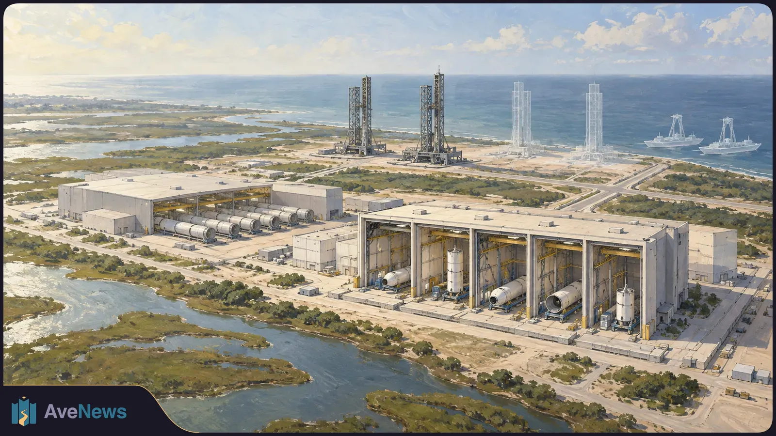 Illustration of a coastal industrial complex with large open factory bays, cylindrical structures, two dark towers, two pale outline towers and ships offshore. SI illustration