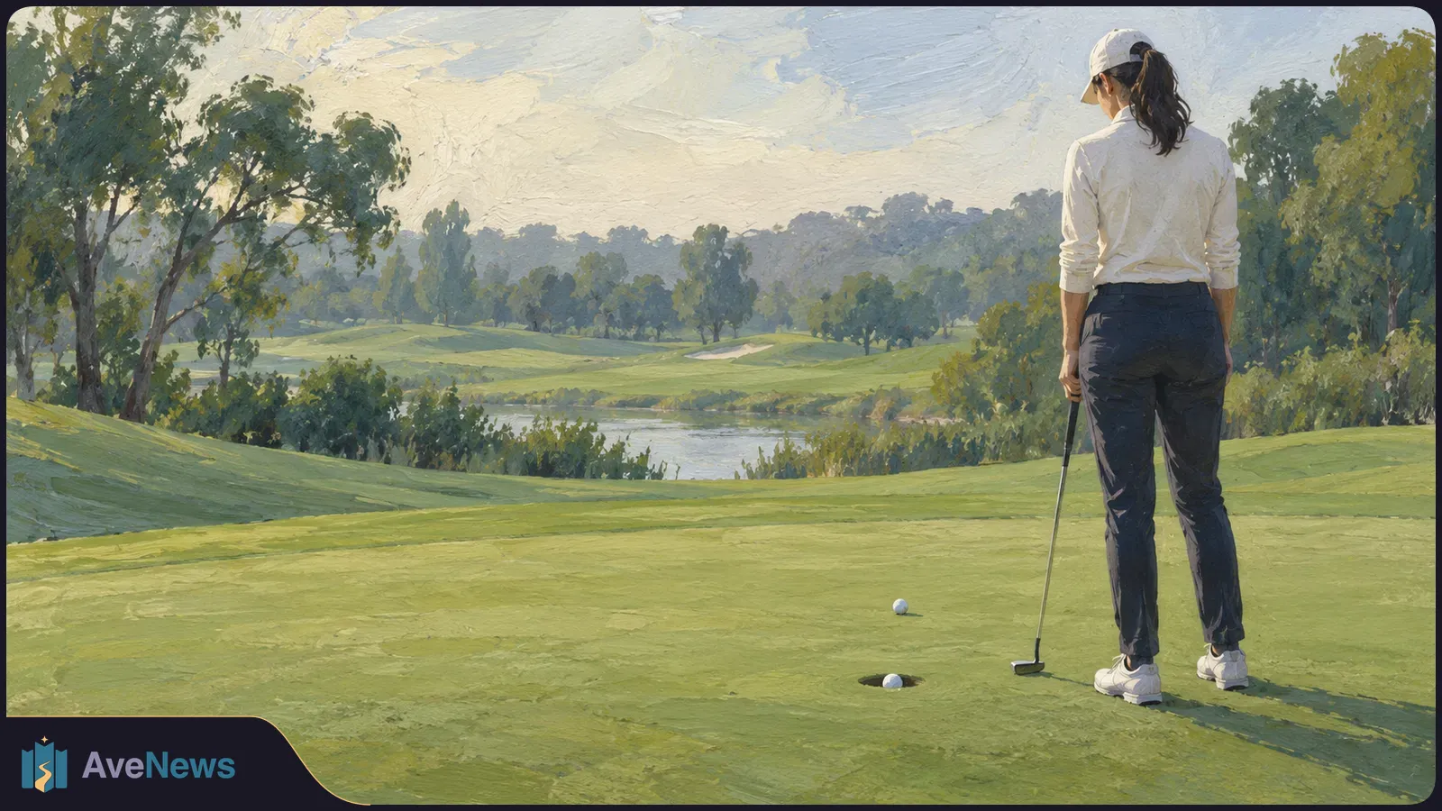 An illustrated golfer seen from behind stands with a putter on a green. Two golf balls lie near a hole, with trees and water beyond. SI illustration