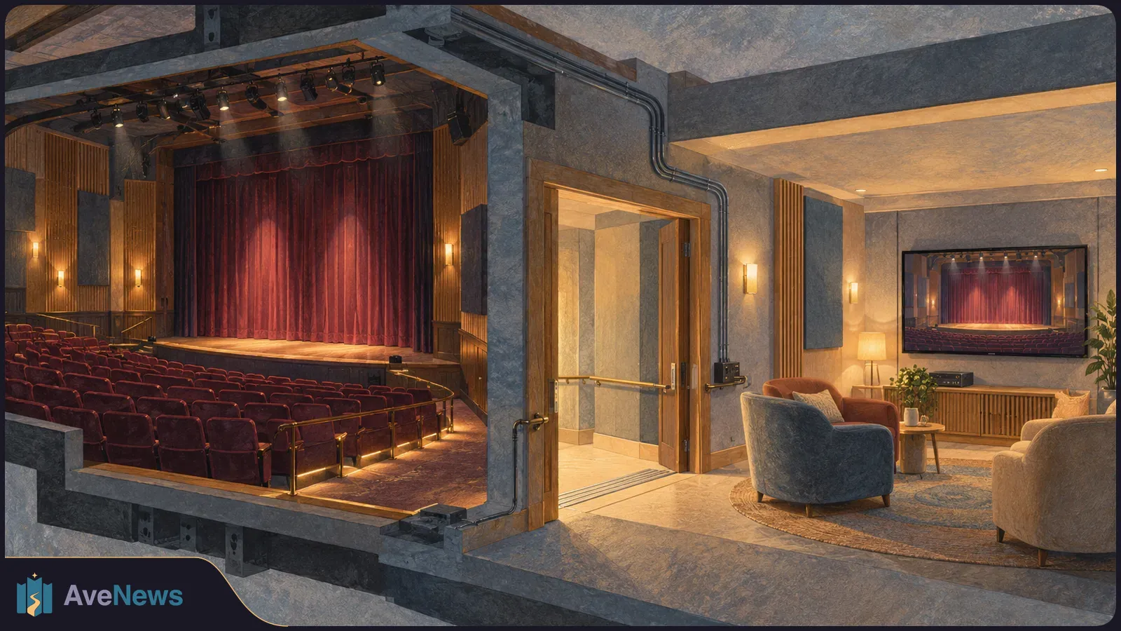Cutaway illustration of an empty theater with a curtained stage and rows of seats beside a lounge, where a wall screen shows the stage. SI illustration