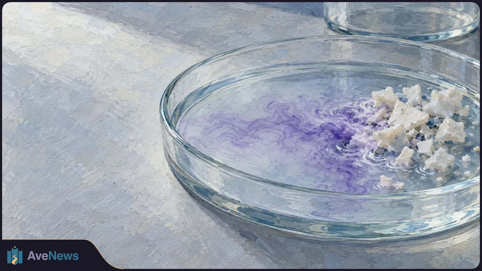 Painted close-up of white granules in a shallow glass dish, with purple swirls spreading through the liquid. Part of another glass vessel appears above. SI illustration