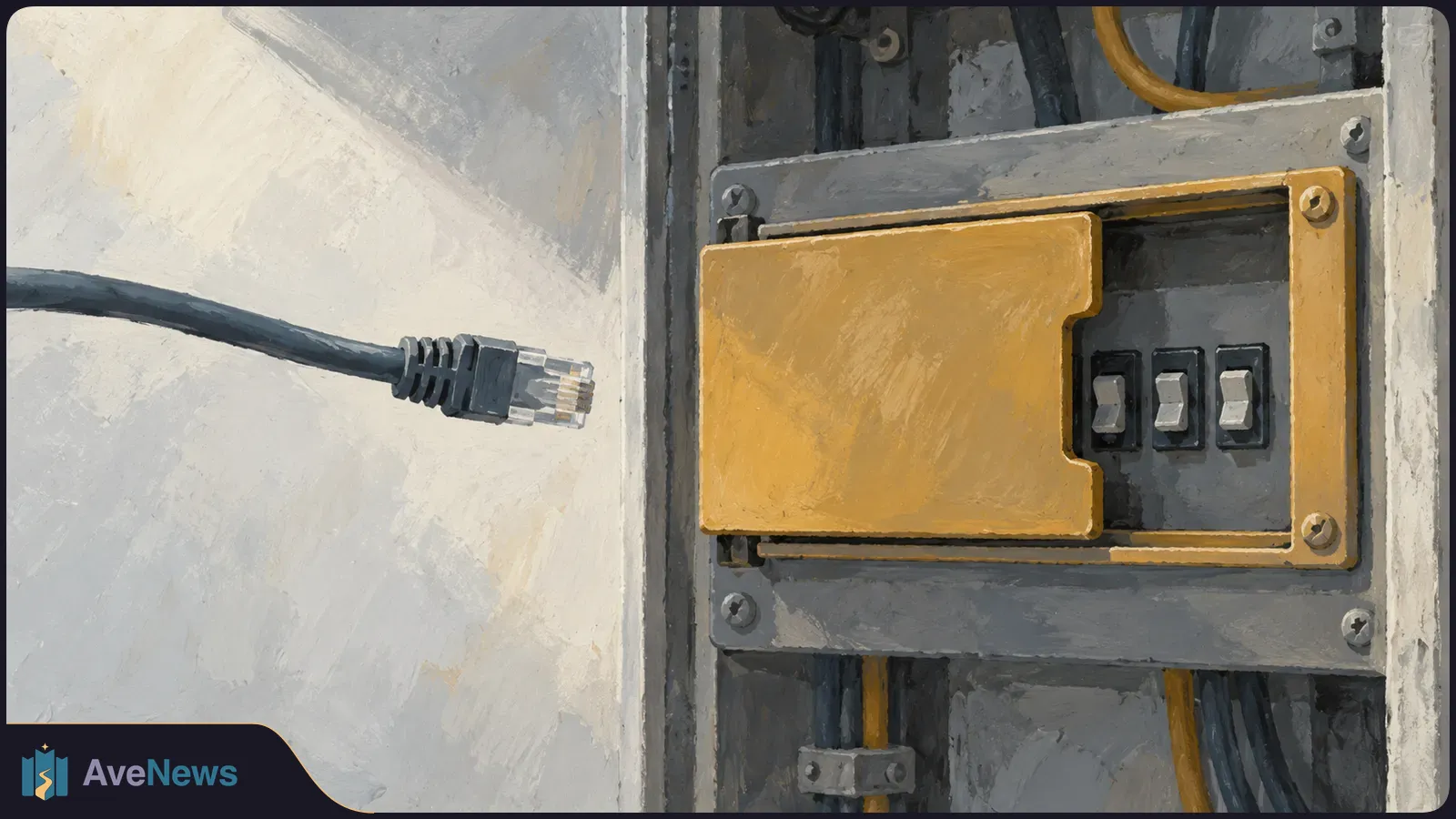 Painted illustration of an unplugged Ethernet cable beside a gray panel with a yellow cover and three switches. SI illustration