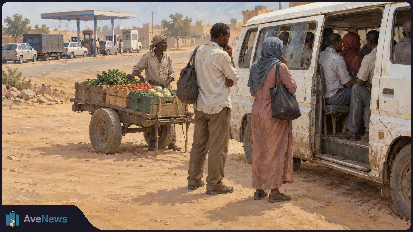 A painted street scene shows people boarding a crowded white minibus beside a vegetable cart, with vehicles near a fuel station in the background. SI illustration