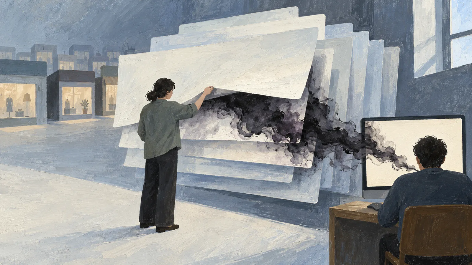 A painted scene shows a person lifting a large white panel as dark smoke trails toward a computer where another person sits. SI illustration