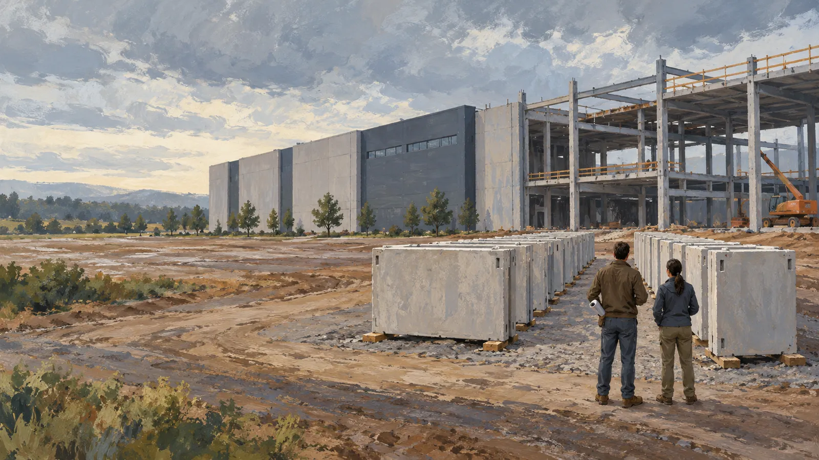 Two people stand beside rows of concrete panels, facing a large building under construction with an exposed frame and a crane. SI illustration