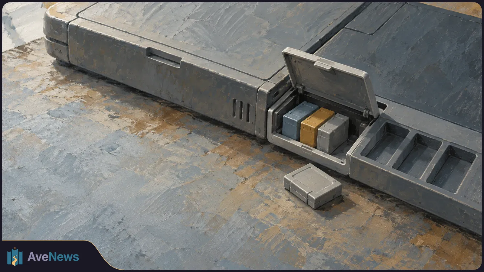 Painterly illustration of a gray electronic device with an open compartment holding three colored modules. Empty slots sit beside it, and a gray module lies on the surface below. SI illustration