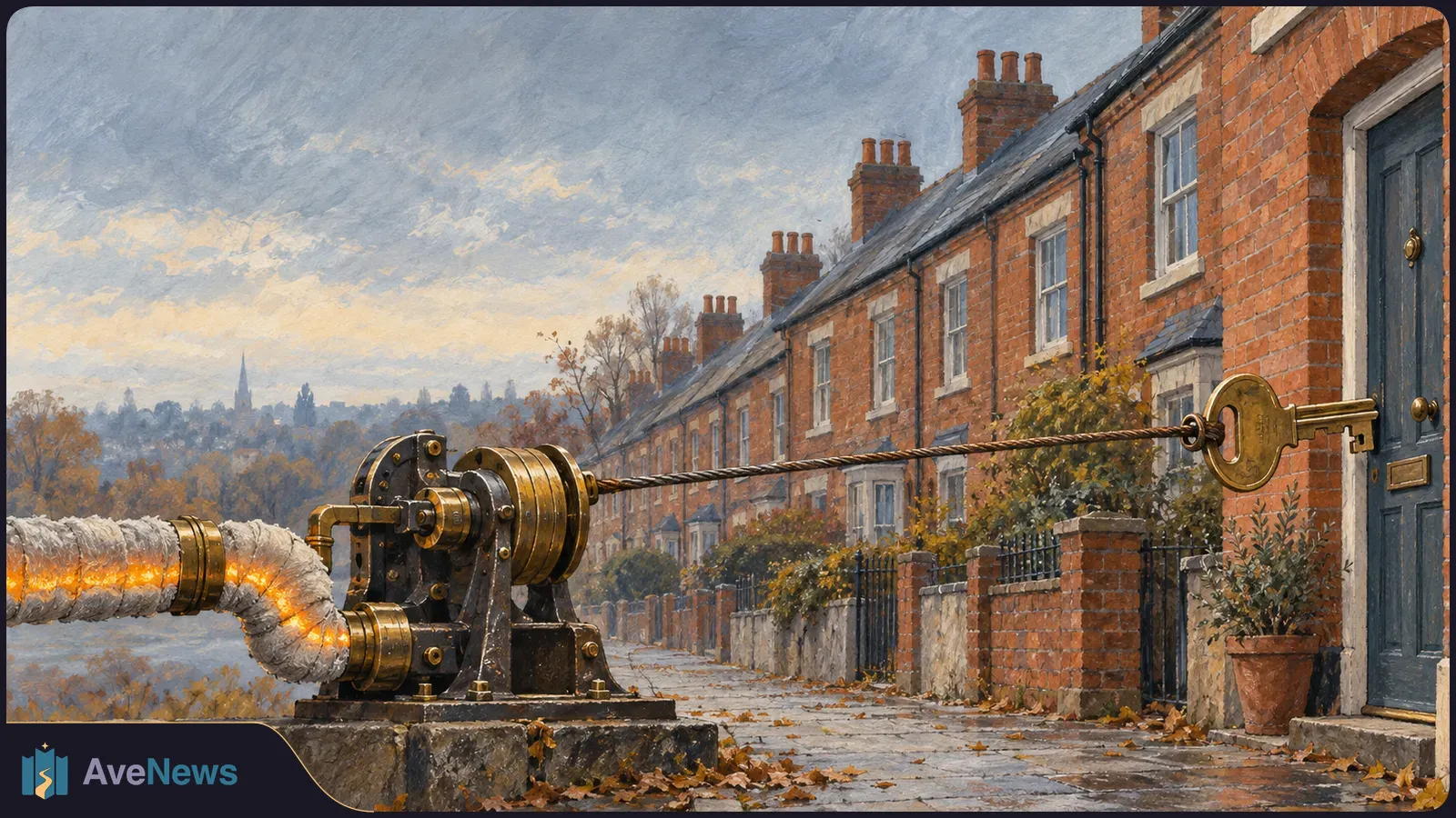 Painted row of brick houses beside a machine with a glowing pipe; a cable runs from the machine to a large key by a front door. SI illustration