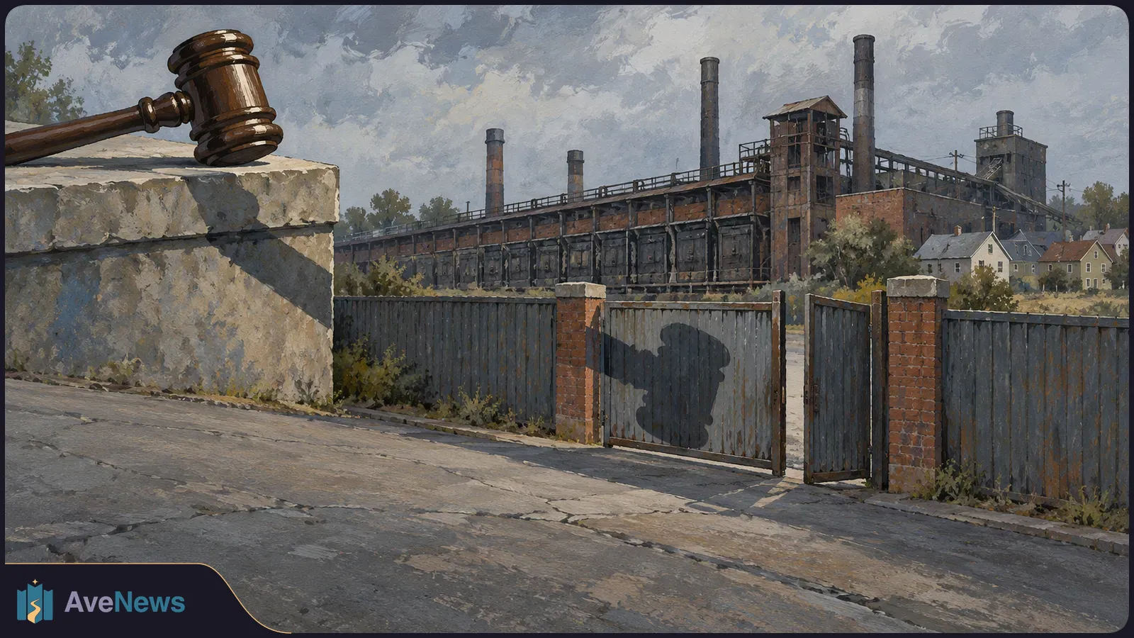 A wooden gavel rests on a stone wall beside an open metal gate, with a large factory and smokestacks beyond it. SI illustration