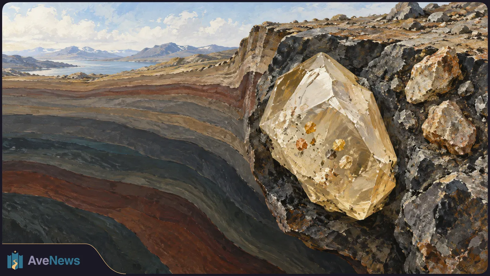 A large pale-gold crystal embedded in dark rock beside sweeping layers of earth, with distant water and mountains beneath a cloudy sky. SI illustration