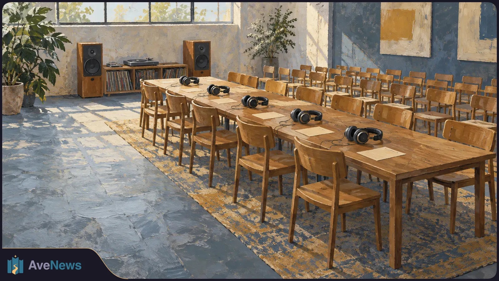 Painted room with rows of empty wooden chairs and a long table holding headphones and blank papers; a turntable, records and speakers sit at the back. SI illustration