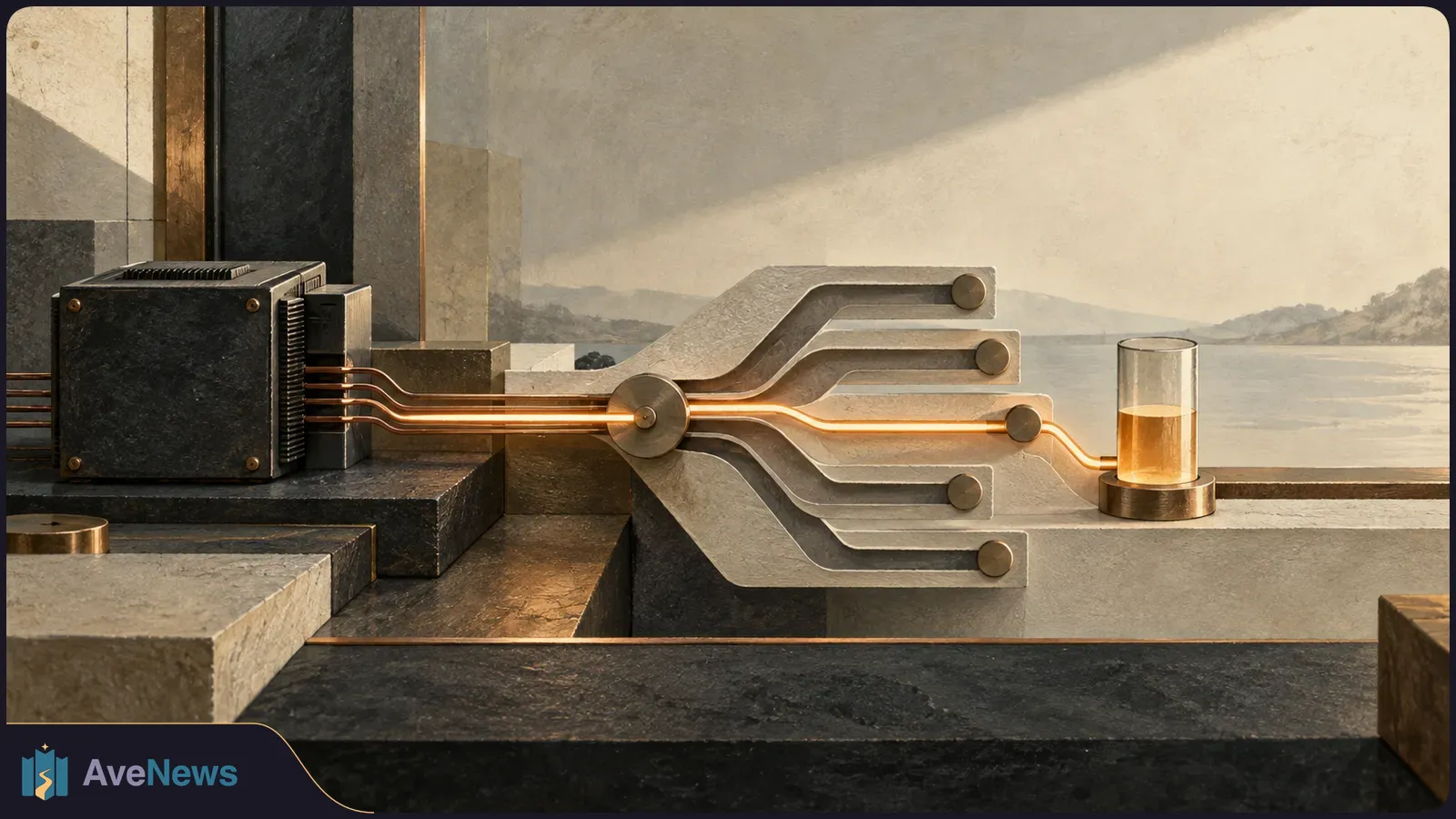 A dark chip feeds copper lines into a branching circuit. One glowing path leads to a glass of amber liquid, with a hazy landscape behind it. SI illustration