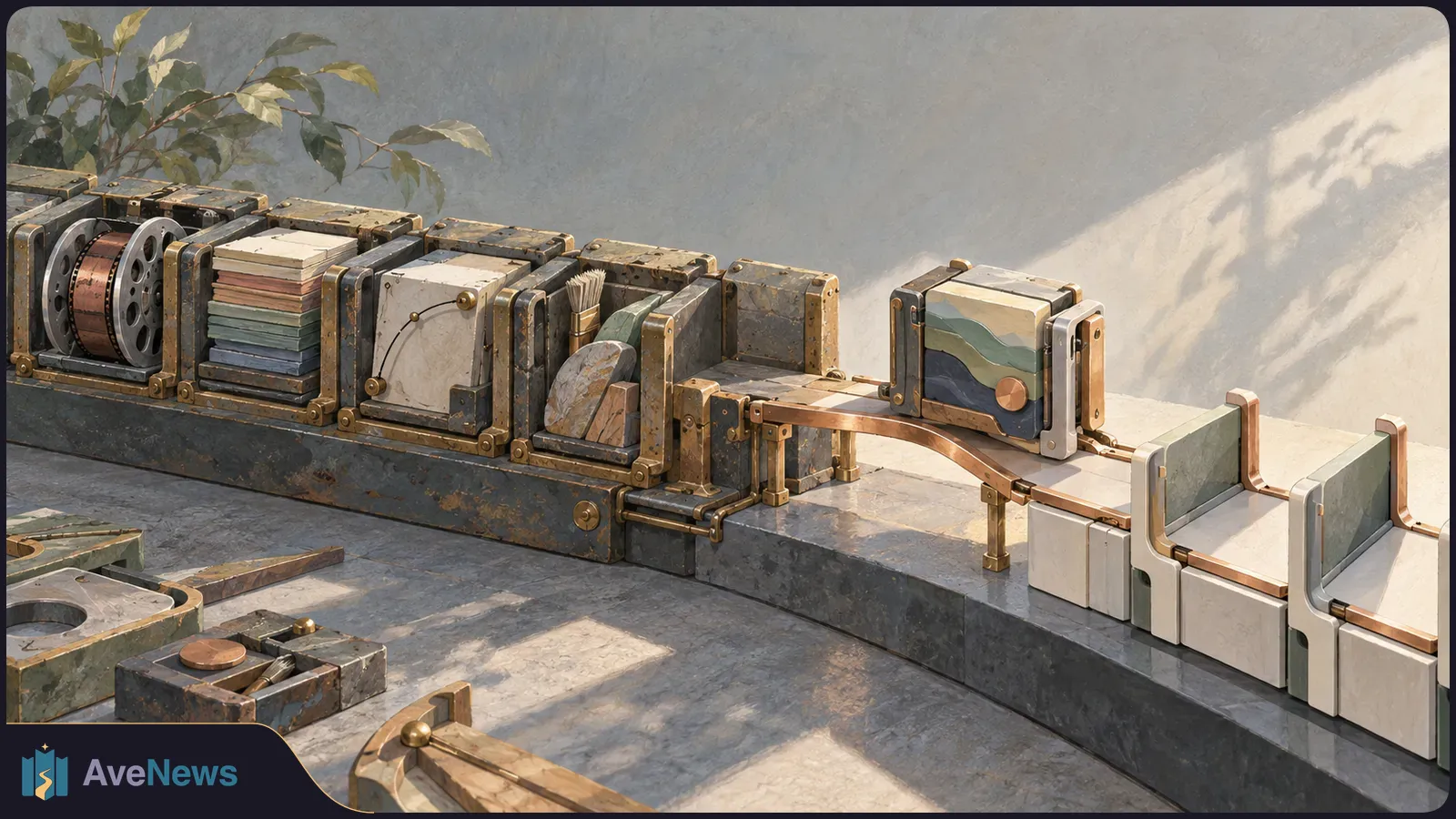An illustrated assembly line of weathered modular boxes, reels and stacked sheets leading to newer, pale rectangular modules. SI illustration