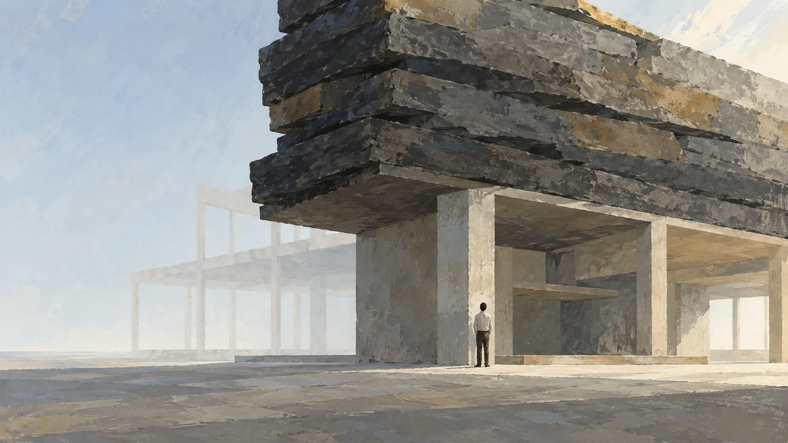 A small figure stands beneath a monumental structure of stacked dark slabs and pale columns, with a skeletal frame fading into the background. SI illustration