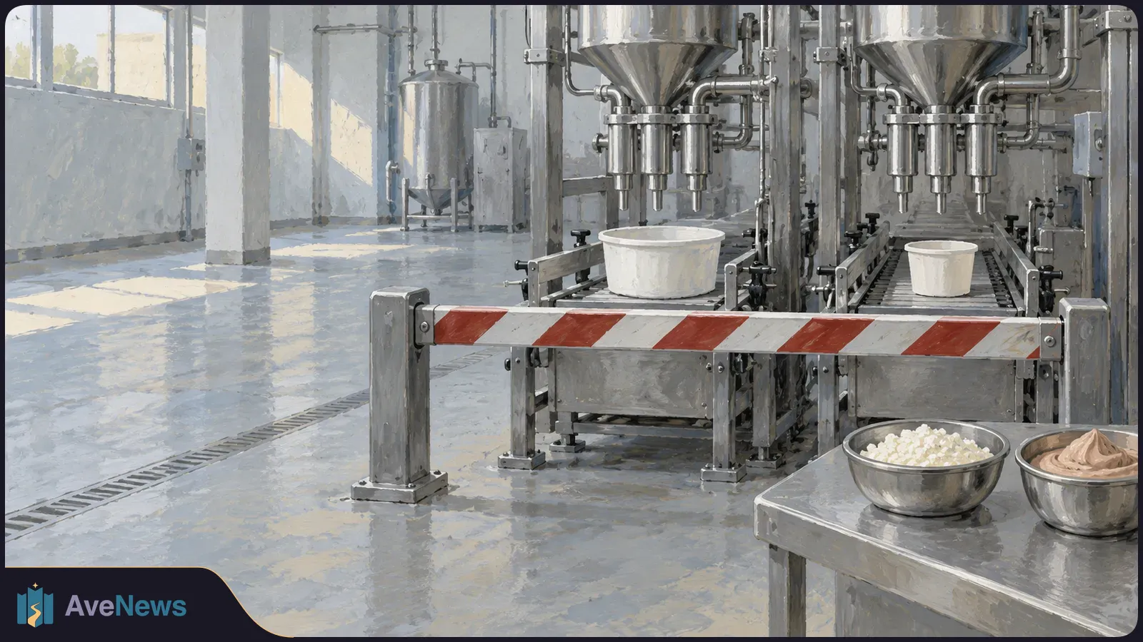 Illustration of an empty dairy production room with steel filling equipment, two tubs on conveyor belts, a striped barrier, and bowls of white curds and brown cream. SI illustration