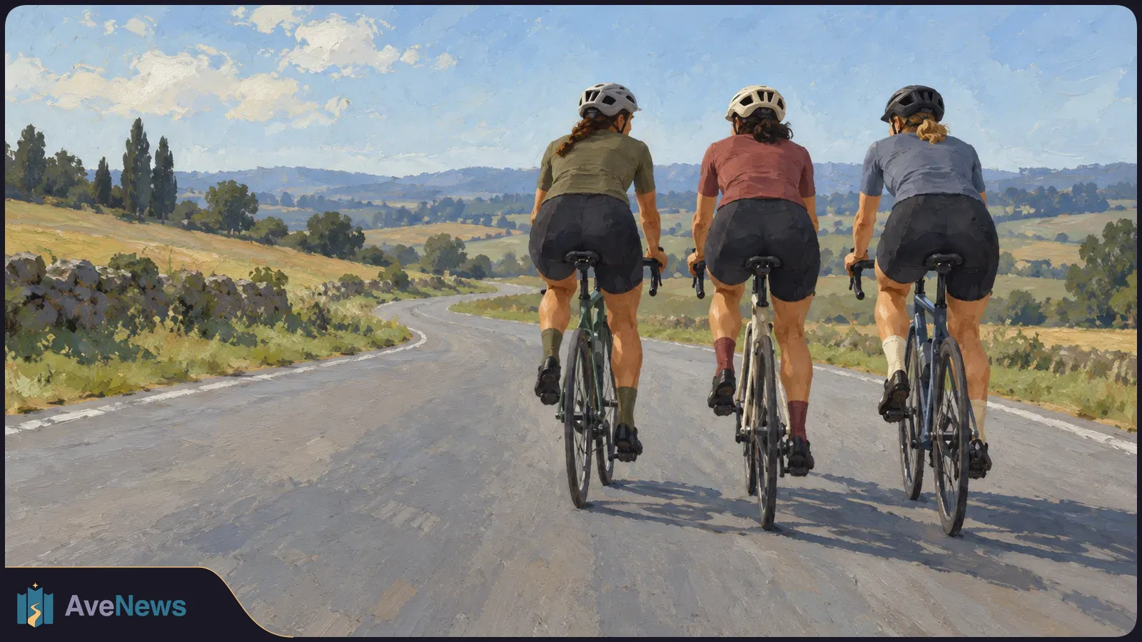 Illustration of three helmeted cyclists riding side by side on a winding road through grassy hills beneath a blue sky. SI illustration