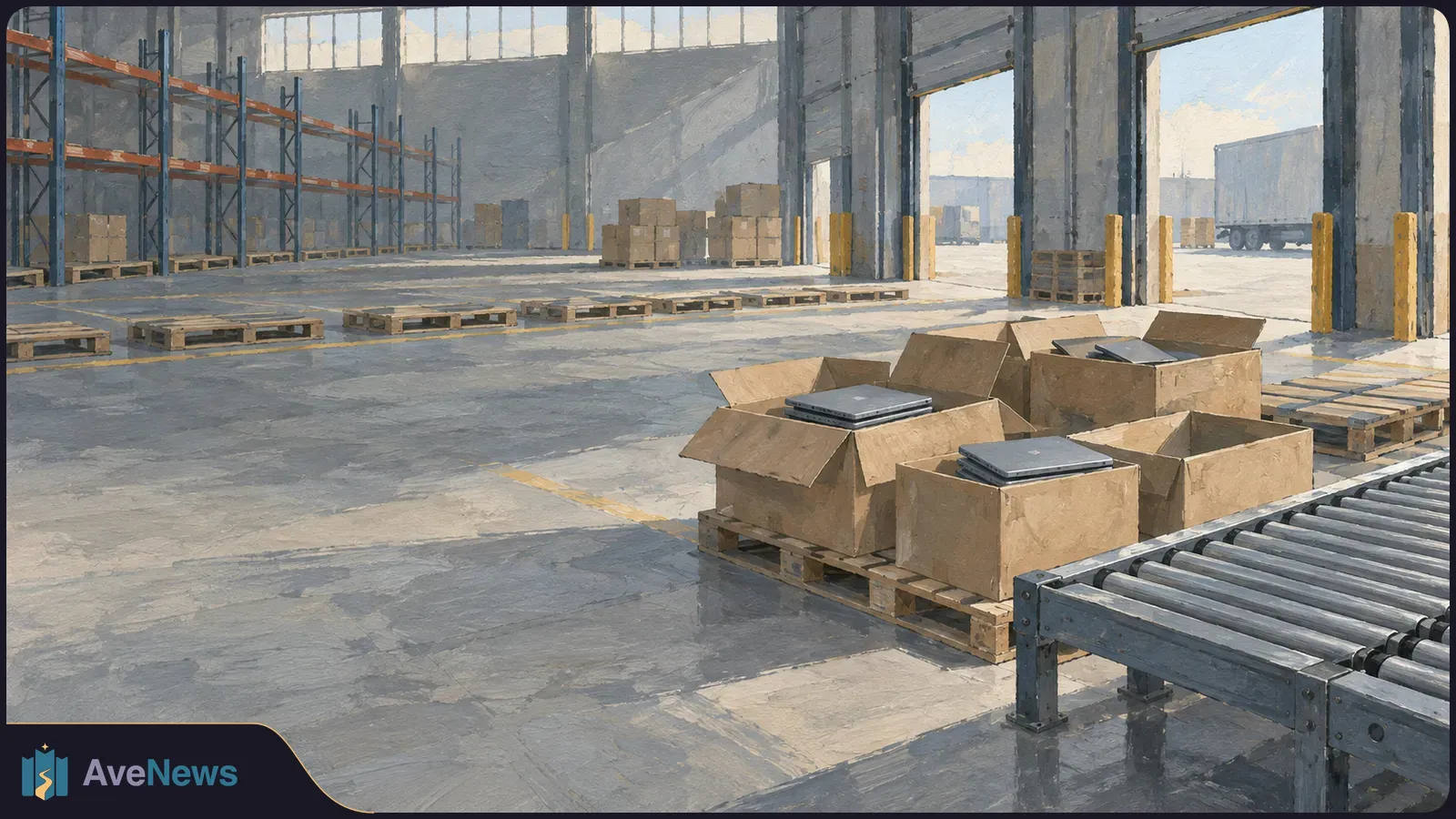 A spacious warehouse with scattered pallets, open boxes holding closed laptops, a roller conveyor, and trucks beyond the loading bays. SI illustration