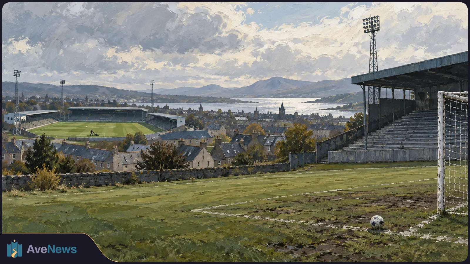 Painted view of a football pitch with a ball beside a goal, empty stands and floodlights, with a town, lake and mountains beneath a cloudy sky. SI illustration