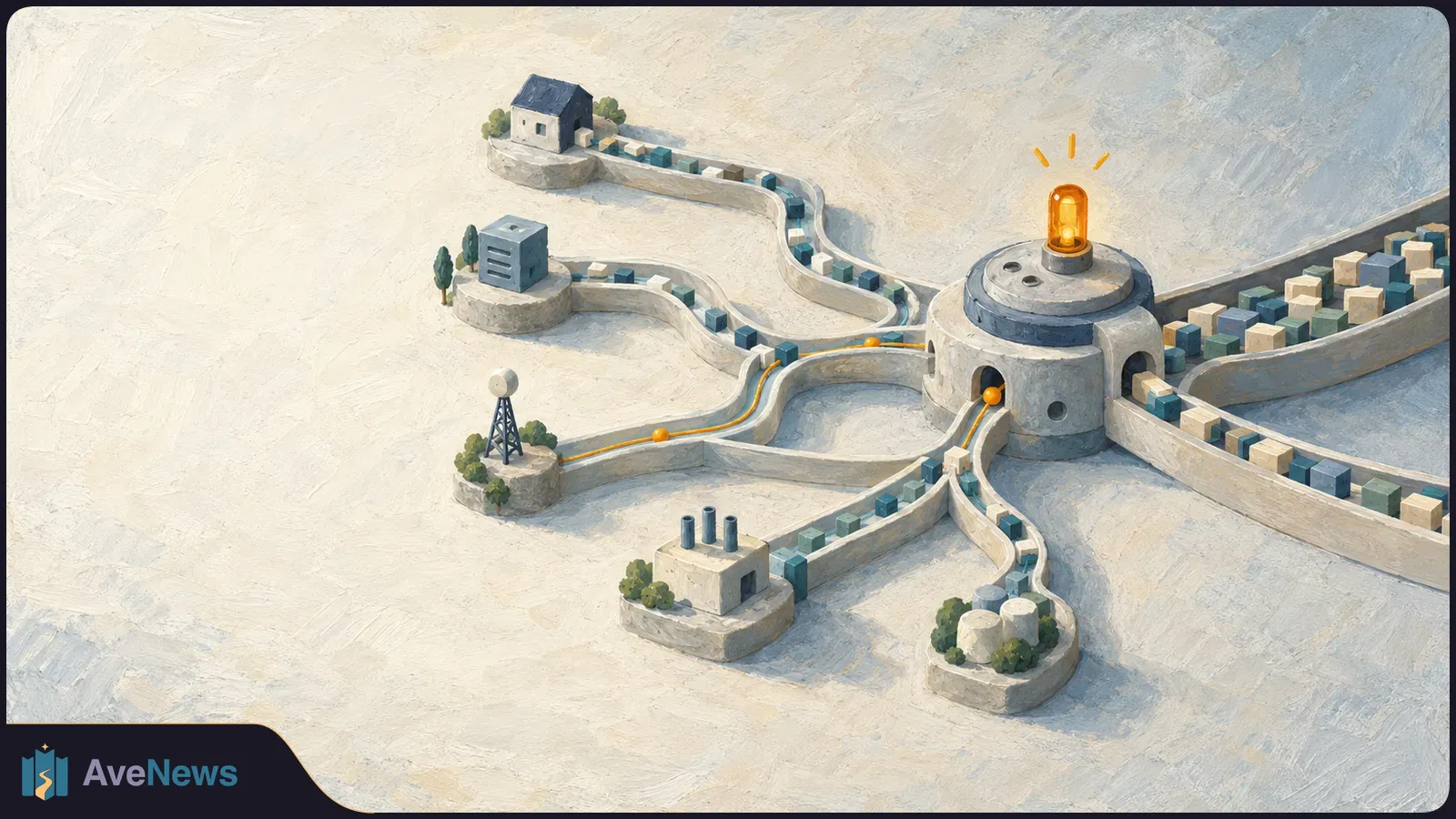 Painted miniature infrastructure sites feed streams of colored blocks into a central hub topped by a glowing amber beacon; more blocks travel outward along curved channels. SI illustration