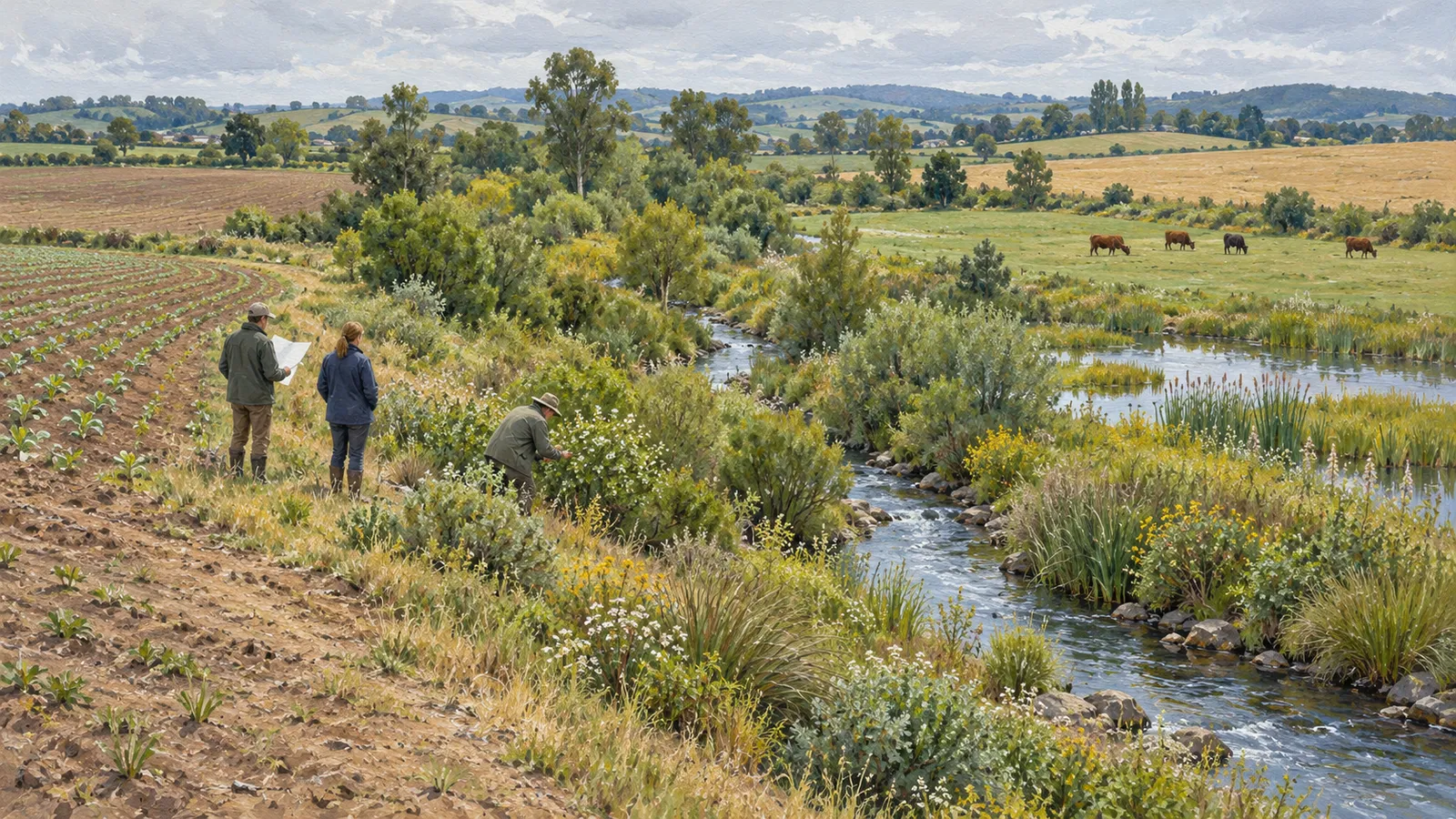 Three people stand among plants beside a stream winding through farmland; cattle graze beyond the reeds, with fields and hills in the distance. SI illustration