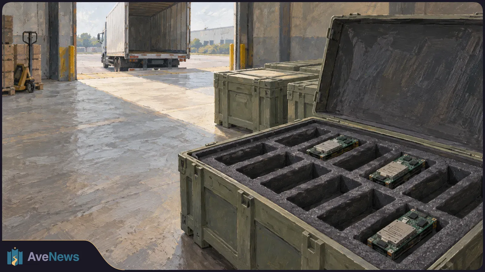 An open green crate holds three circuit-board modules in foam slots at a warehouse loading bay. Other crates and an open-backed truck stand behind it. SI illustration