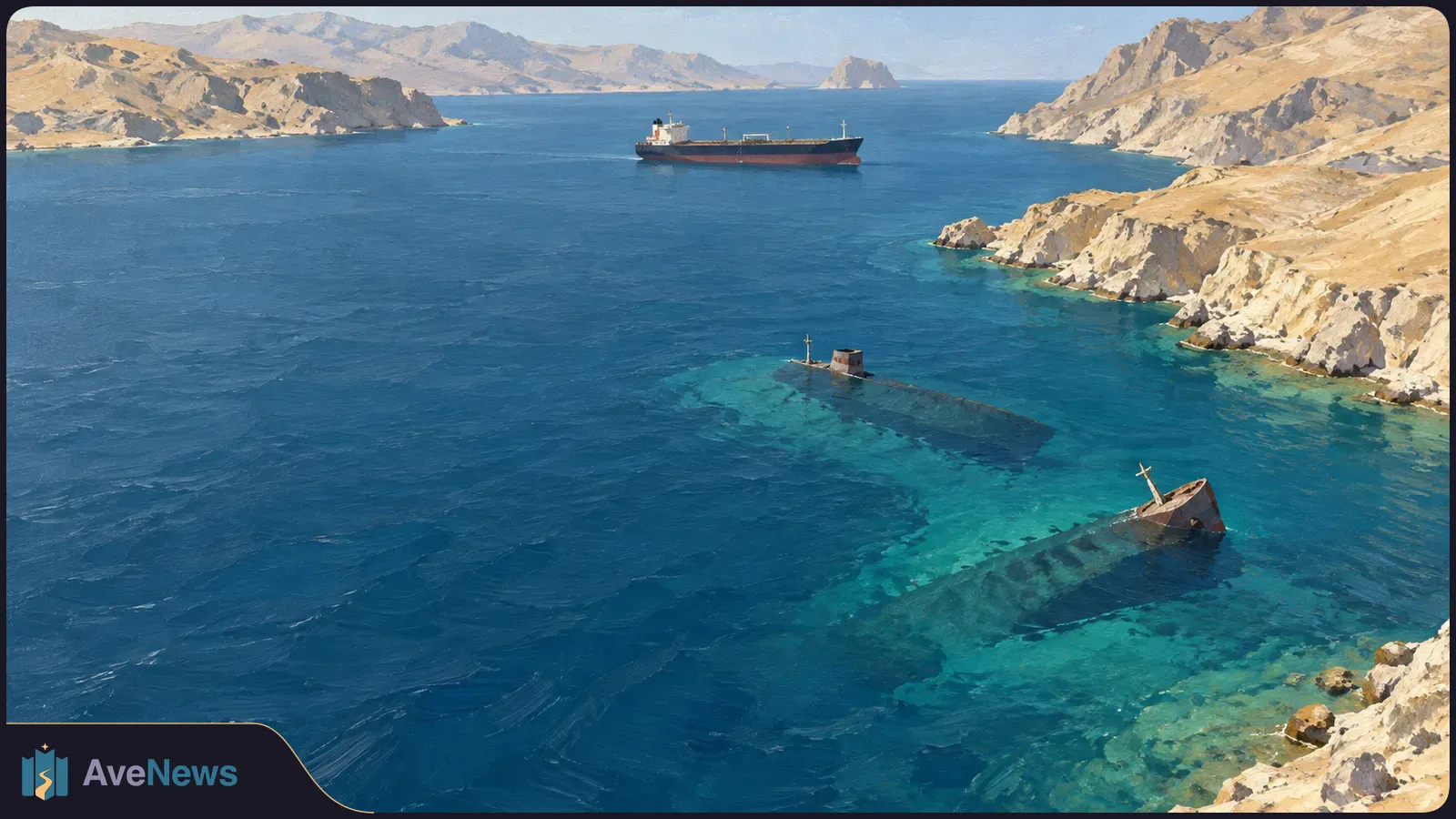 Two partly submerged ships lie in blue-green water near rocky shores, with a tanker farther out at sea. SI illustration