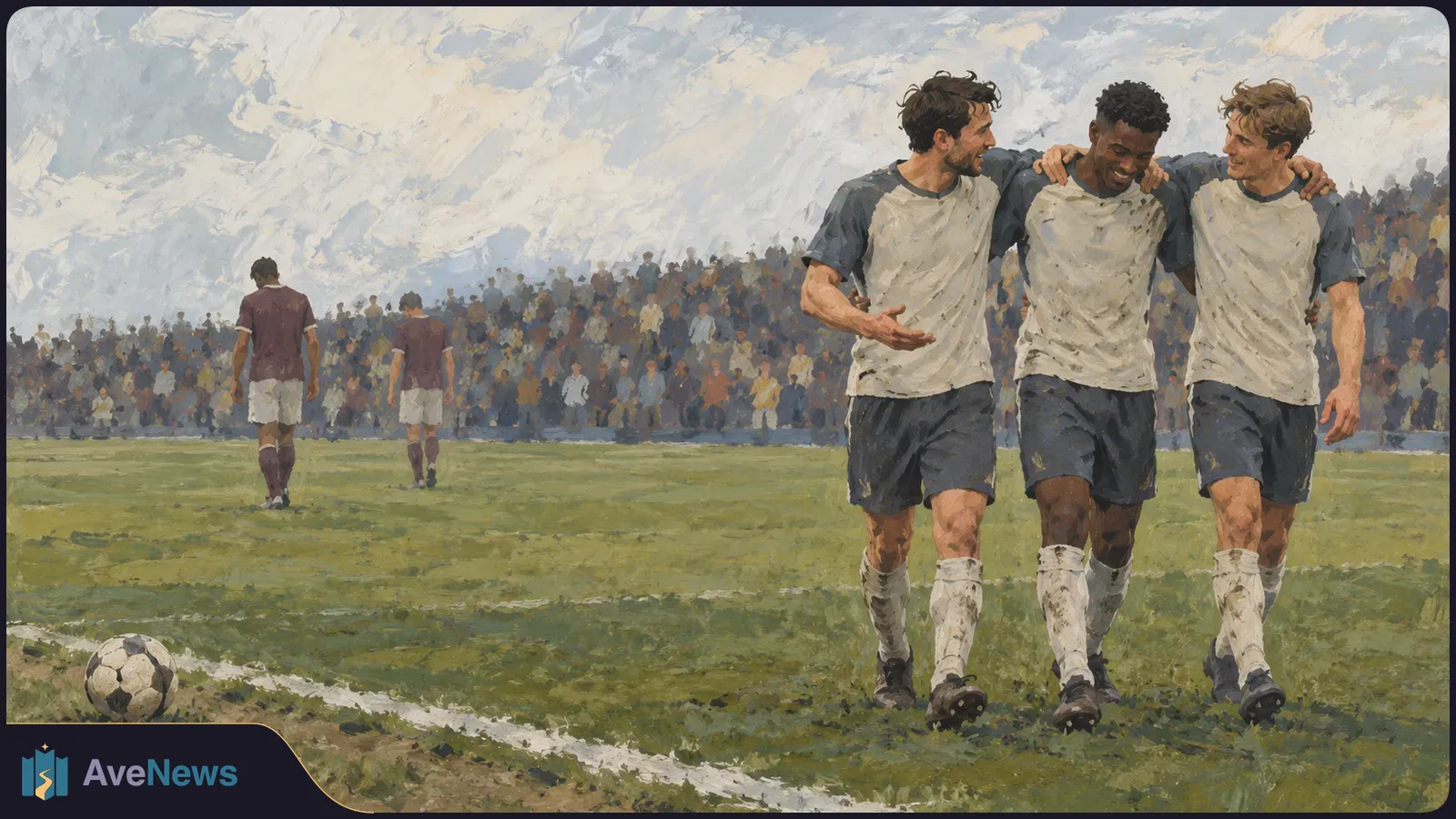 Painterly illustration of three footballers walking arm in arm across a pitch, with two players farther back, a ball near the touchline and spectators in the stands. SI illustration