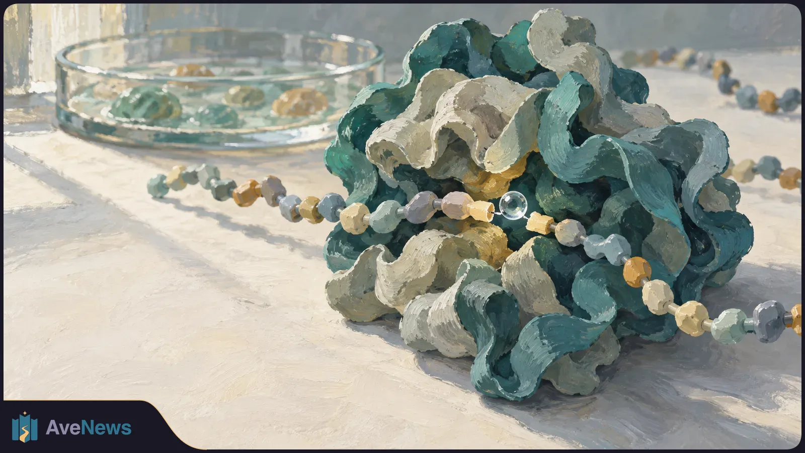 Painted teal and cream folded forms with a strand of multicolored beads running through them; a shallow glass dish sits behind on the tabletop. SI illustration