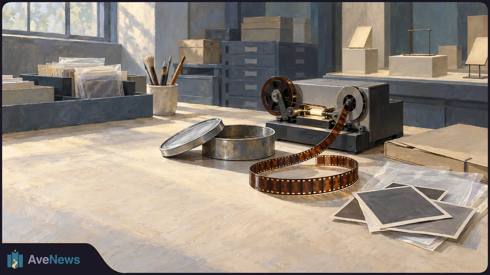 Painterly archive room with a film reel and loose filmstrip on a table, beside a metal film can, photographs, folders and storage boxes. SI illustration