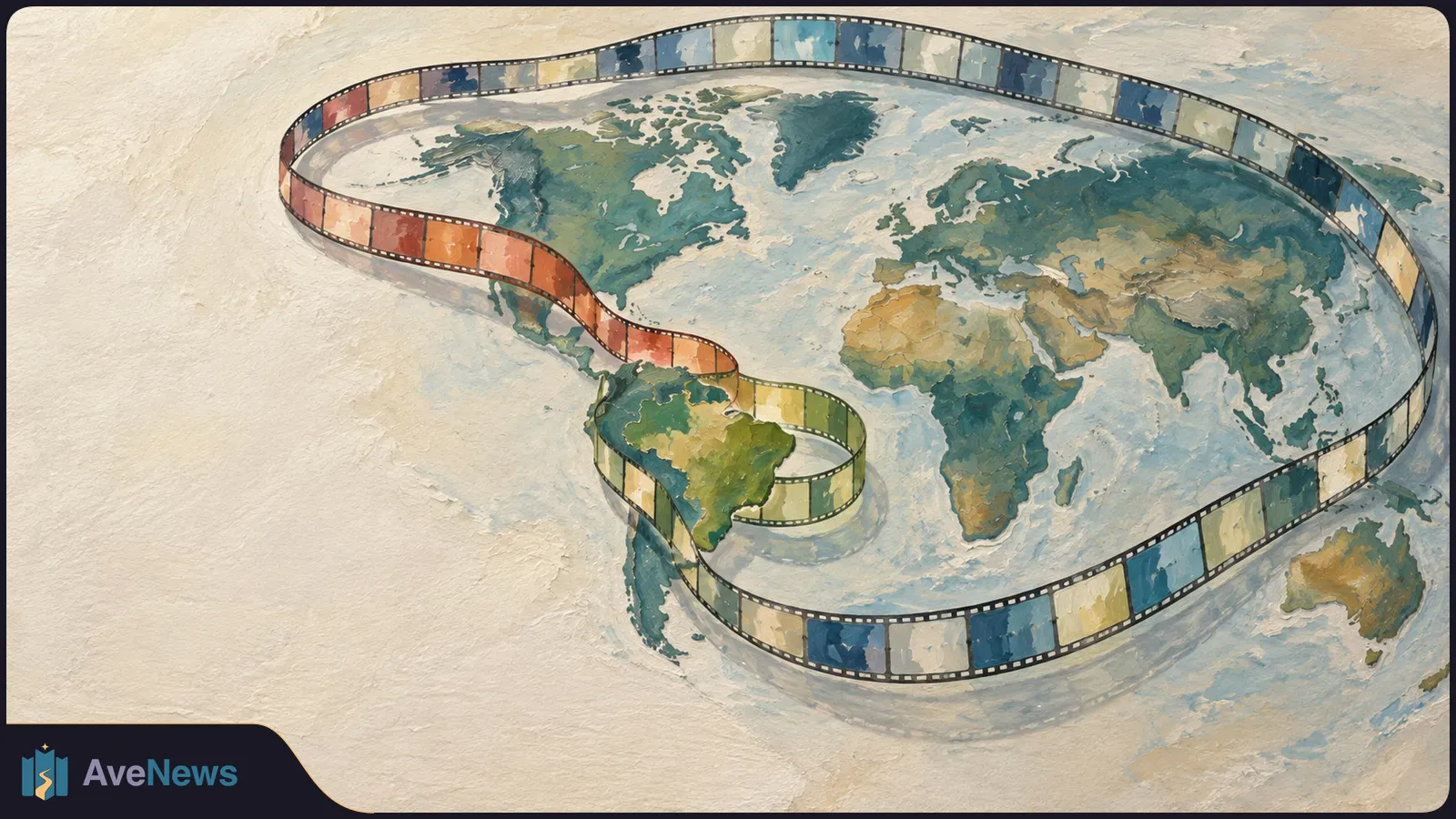 A watercolor world map with a ribbon of colorful film frames looping across and around it on a pale beige background. SI illustration