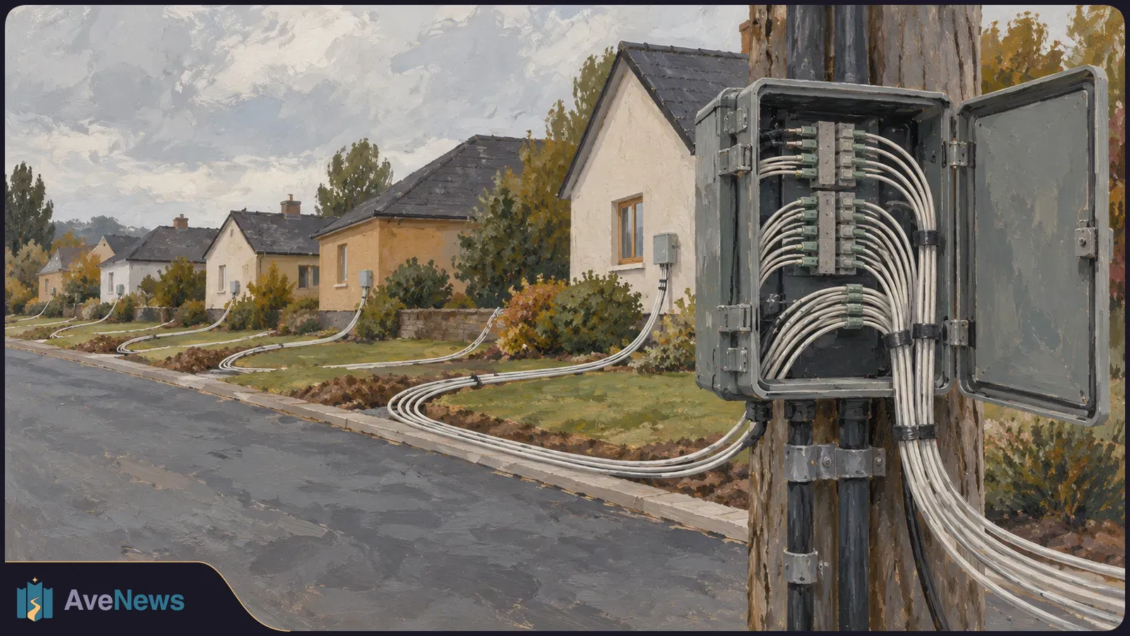Painted suburban street with an open cable cabinet on a utility pole; bundles of cables run toward houses under a cloudy sky. SI illustration