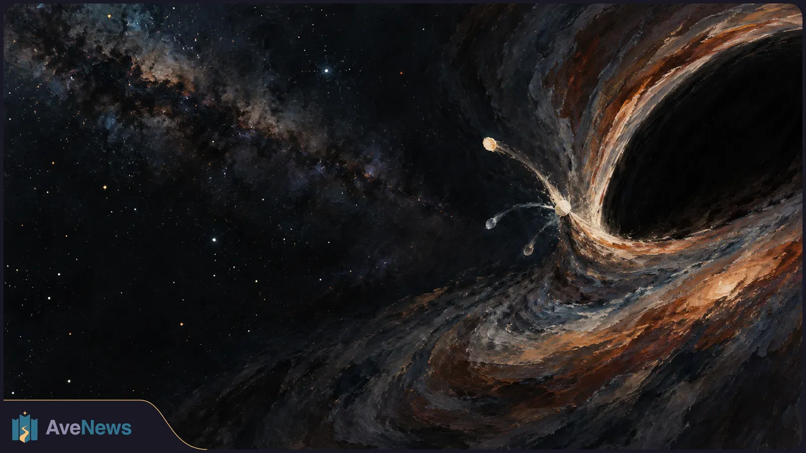 Painted star field beside a dark black hole, with bright particles and curved trails near its glowing rim. SI illustration