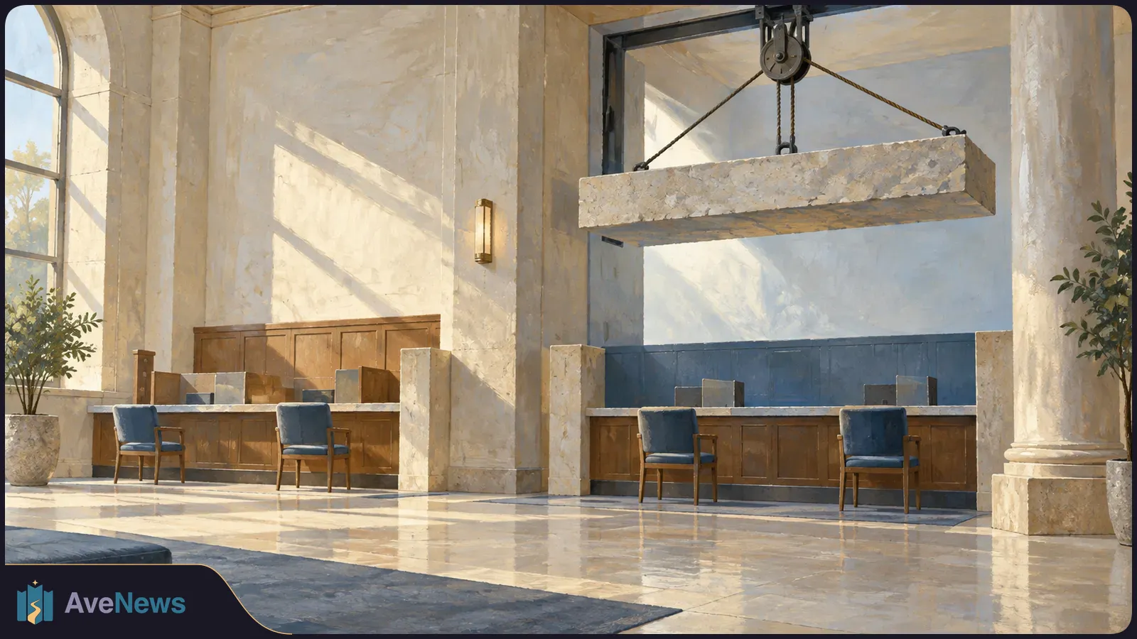 Sunlit, painterly bank lobby with wood service counters, blue chairs, tall columns and a stone slab suspended above one counter. SI illustration