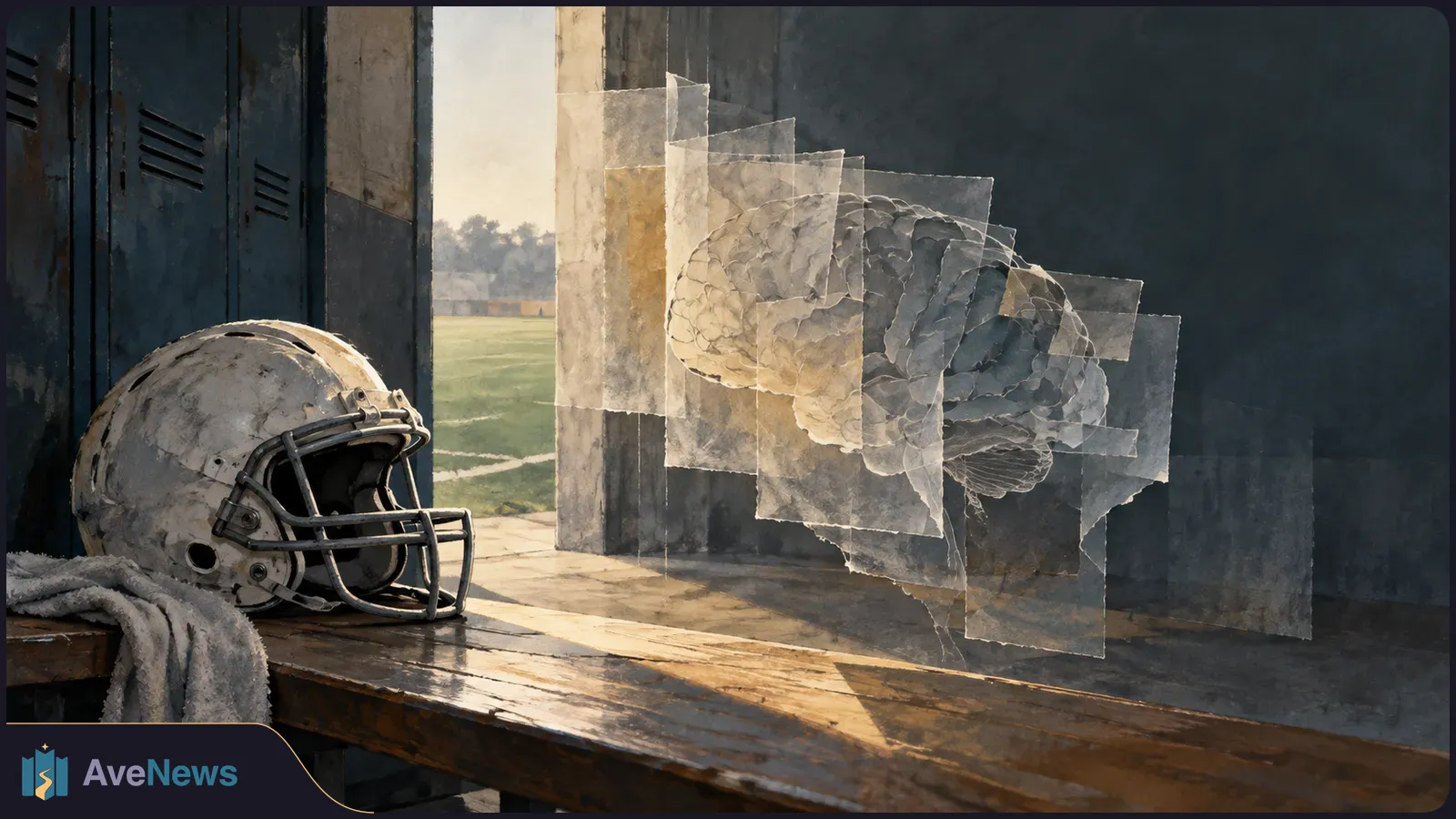 A worn football helmet rests on a locker-room bench beside layered translucent sheets showing a brain; a field is visible through the doorway. SI illustration