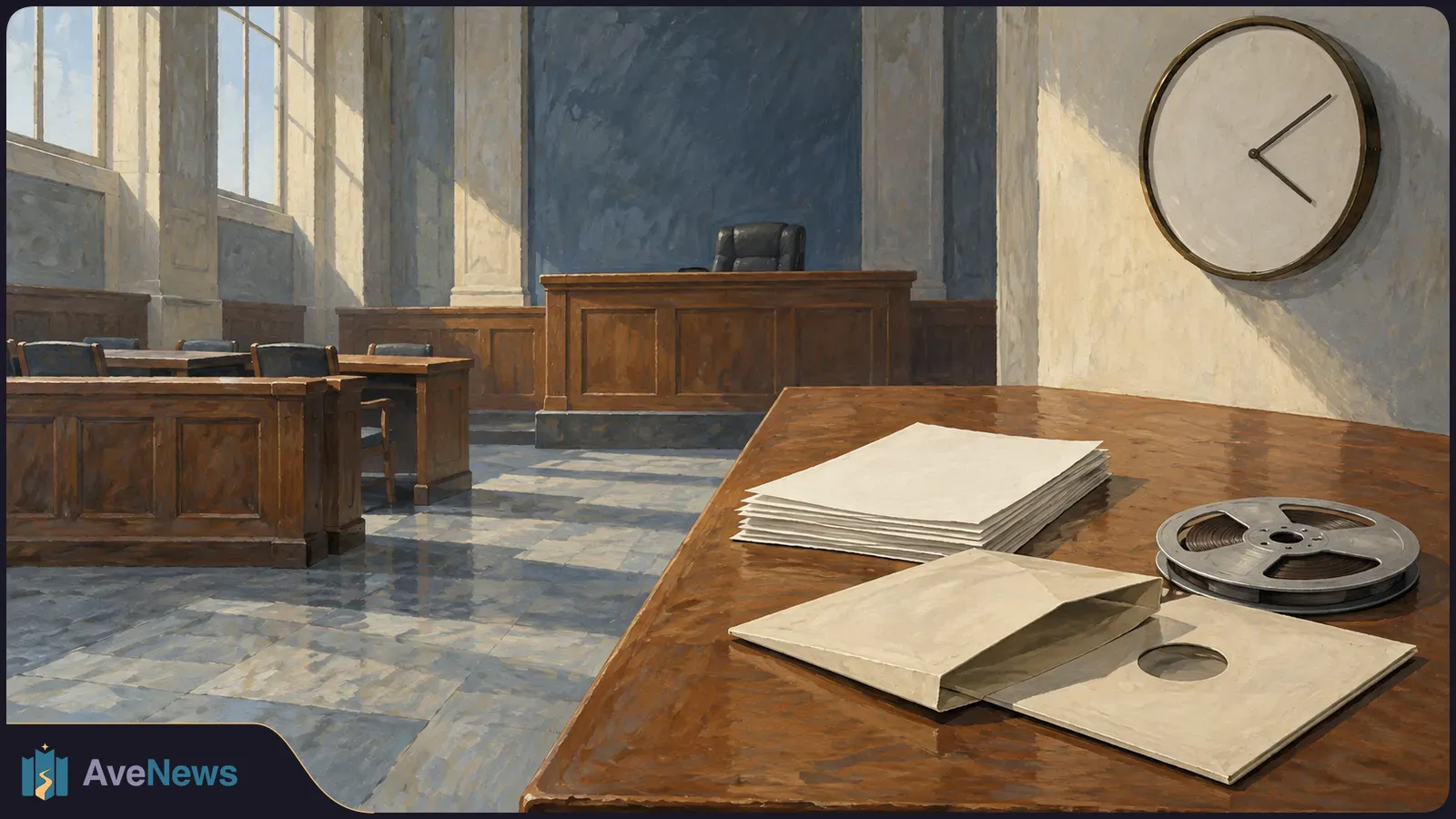 Painted empty courtroom with wooden benches and a wall clock. Blank papers, a sleeve and an audio tape reel lie on a foreground table. SI illustration
