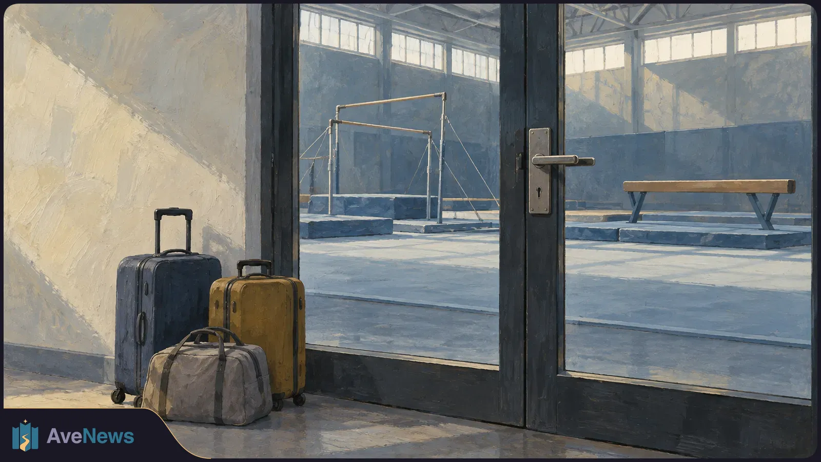 Three travel bags stand beside glass doors overlooking an empty gym with bars and a balance beam. SI illustration