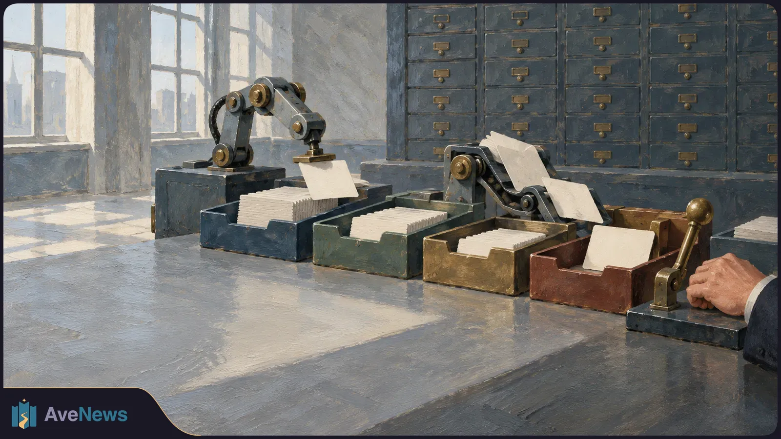 In a painted office scene, mechanical arms sort blank cards into trays while a person's hand rests beside a lever. Filing drawers line the wall. SI illustration