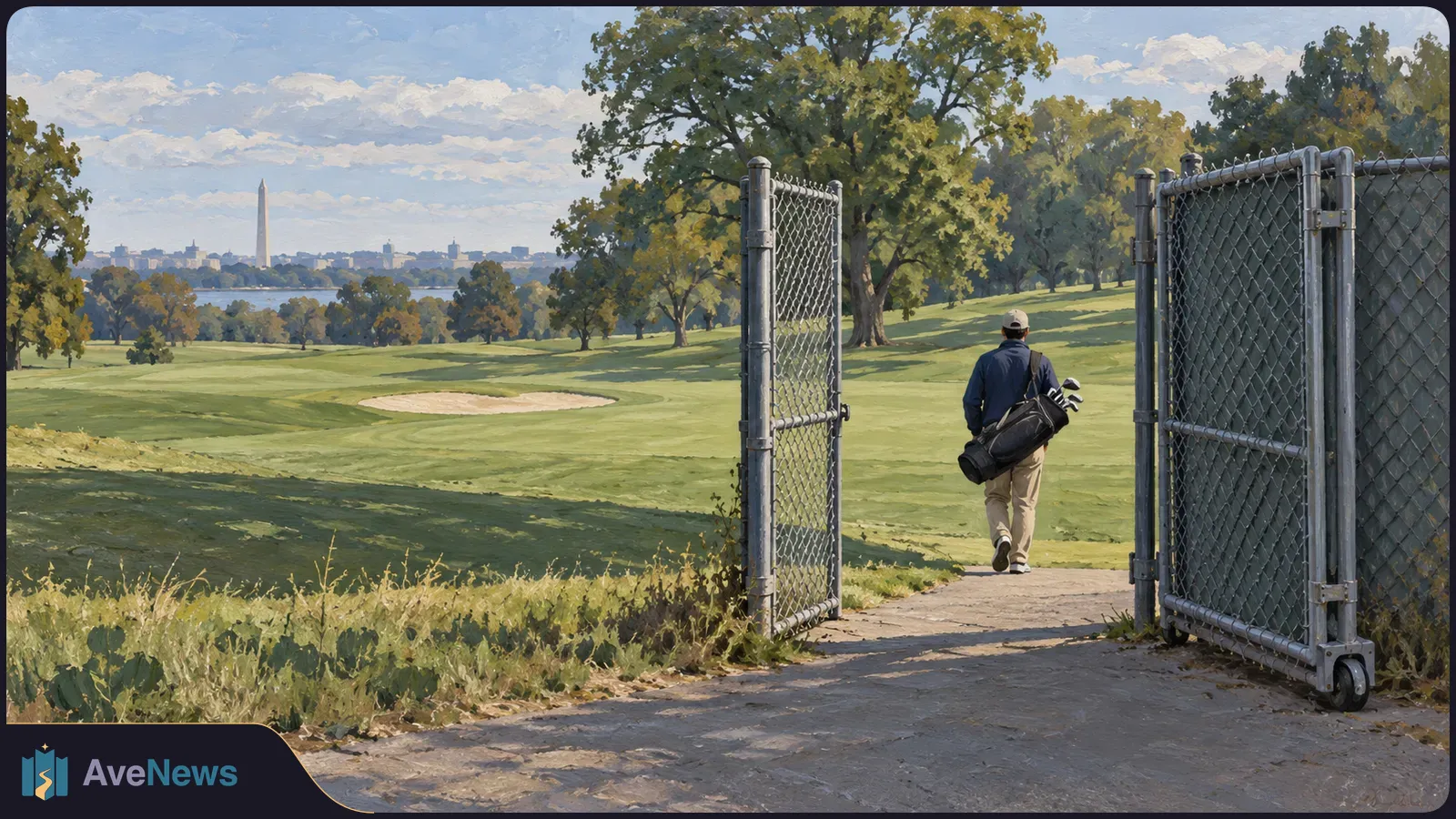 A golfer carrying a club bag walks through an open chain-link gate onto a tree-lined golf course, with a distant city skyline and tall monument. SI illustration