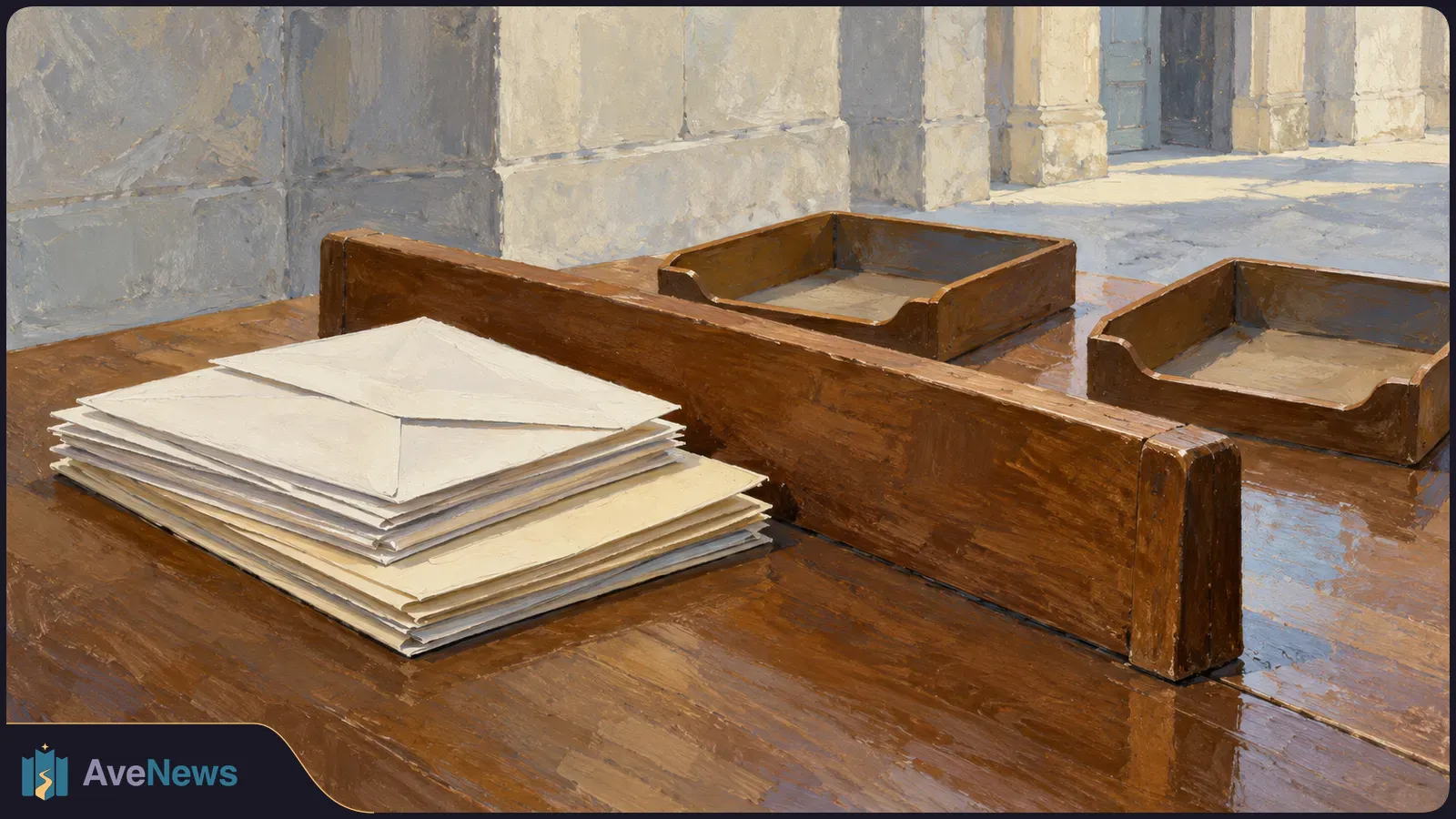 Painterly illustration of a stack of blank envelopes on a wooden desk, with two empty wooden trays and a stone corridor behind them. SI illustration