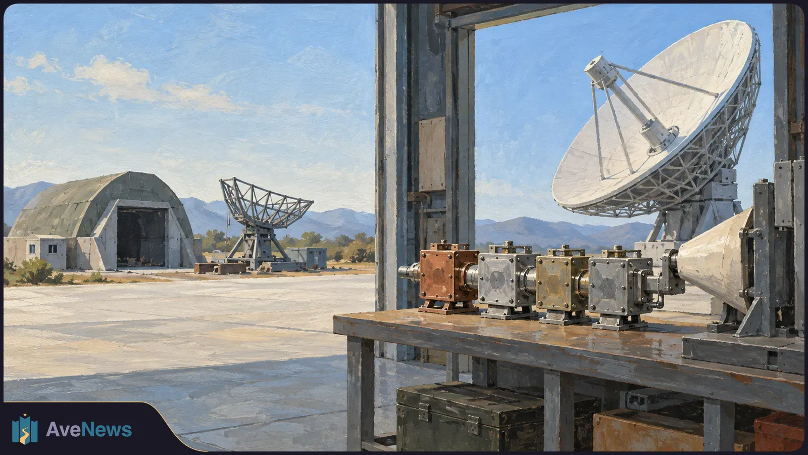 Painted view past radio equipment toward two satellite dishes, a hangar and distant mountains under a blue sky. SI illustration
