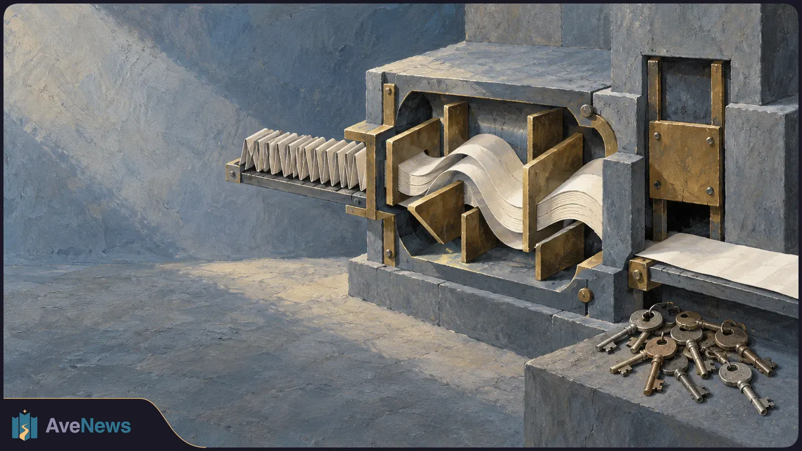 Illustration of folded sheets feeding into a gray machine, with wavy paper passing through its rollers and several metal keys on a ledge. SI illustration