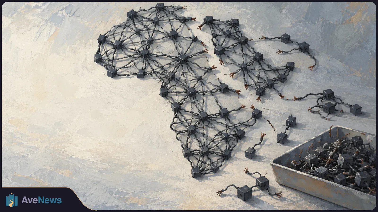Painterly image of dark cubes linked by tangled cables in a rough map-like shape, with loose cable ends and a tray of cubes and wires at lower right. SI illustration